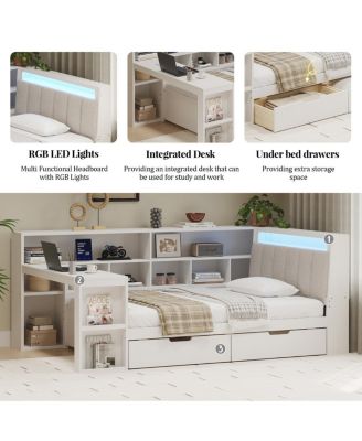 Twin L-shaped Wooden Daybed with Desk & Storage Bookcase, White
