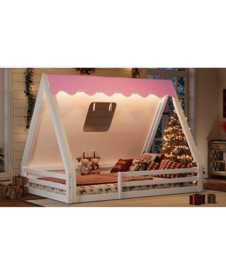 Full Size House Floor Bed with Tent and Light, Solid Wood Teepee Design