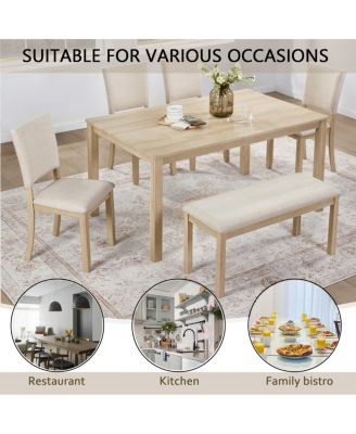 6 Piece Dining Table Set with Bench, Wooden Kitchen Table & 4 Upholstered Chairs