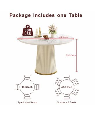 Modern 43.3" Round Dining Table, Glossy Sintered Stone Top, PU Leather Pedestal