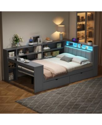 Full Platform Bed with Storage, LED, Desk & Upholstered Headboard