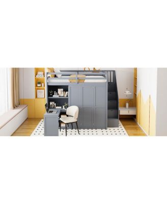 Full Size Loft Bed with Wardrobe, Desk and Shelves