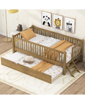 Wood Twin Size Platform Bed with Guardrail and Trundle