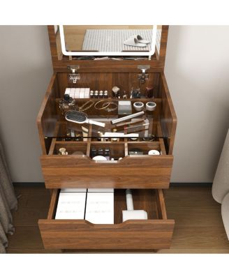 3-in-1 Vanity Desk with Lighted Mirror & Stool, Flip Top Makeup Dressing Table (Walnut)