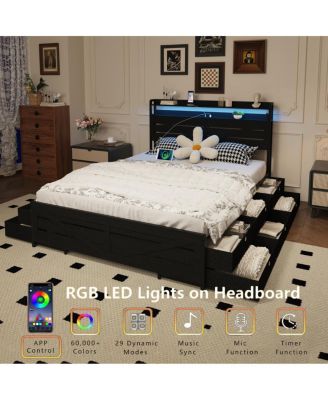 Full-size bed frame with storage headboard, 12 drawers, LED lights