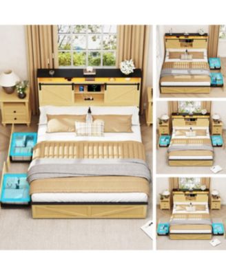 Farmhouse Queen Storage Bed Frame with Headboard, Drawers, Charging & LED