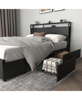 Full Bed Frame with Storage Headboard & Charging Station