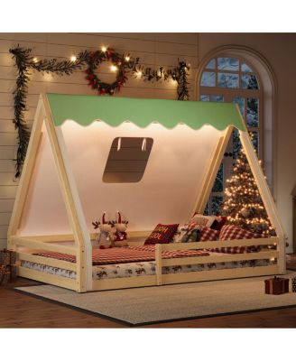 Full Size House Floor Bed with Tent and Light, Solid Wood Teepee Design