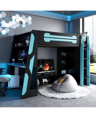 Wood Loft Bed with Desk, Multi-storage Shelves and RGB Light
