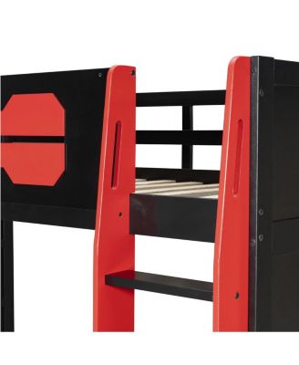 Wood Loft Bed with Desk, Multi-storage Shelves and RGB Light