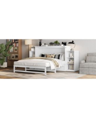 Queen size Murphy bed with storage drawers and shelves.