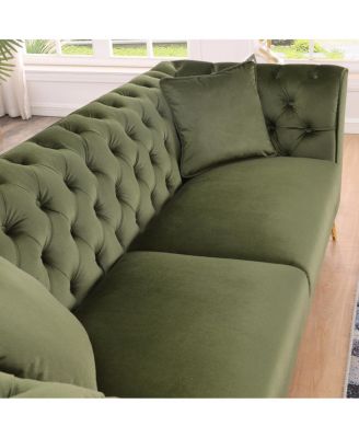  Chesterfield Stanford sofa, green tufted fabric, scroll arm/back loveseater