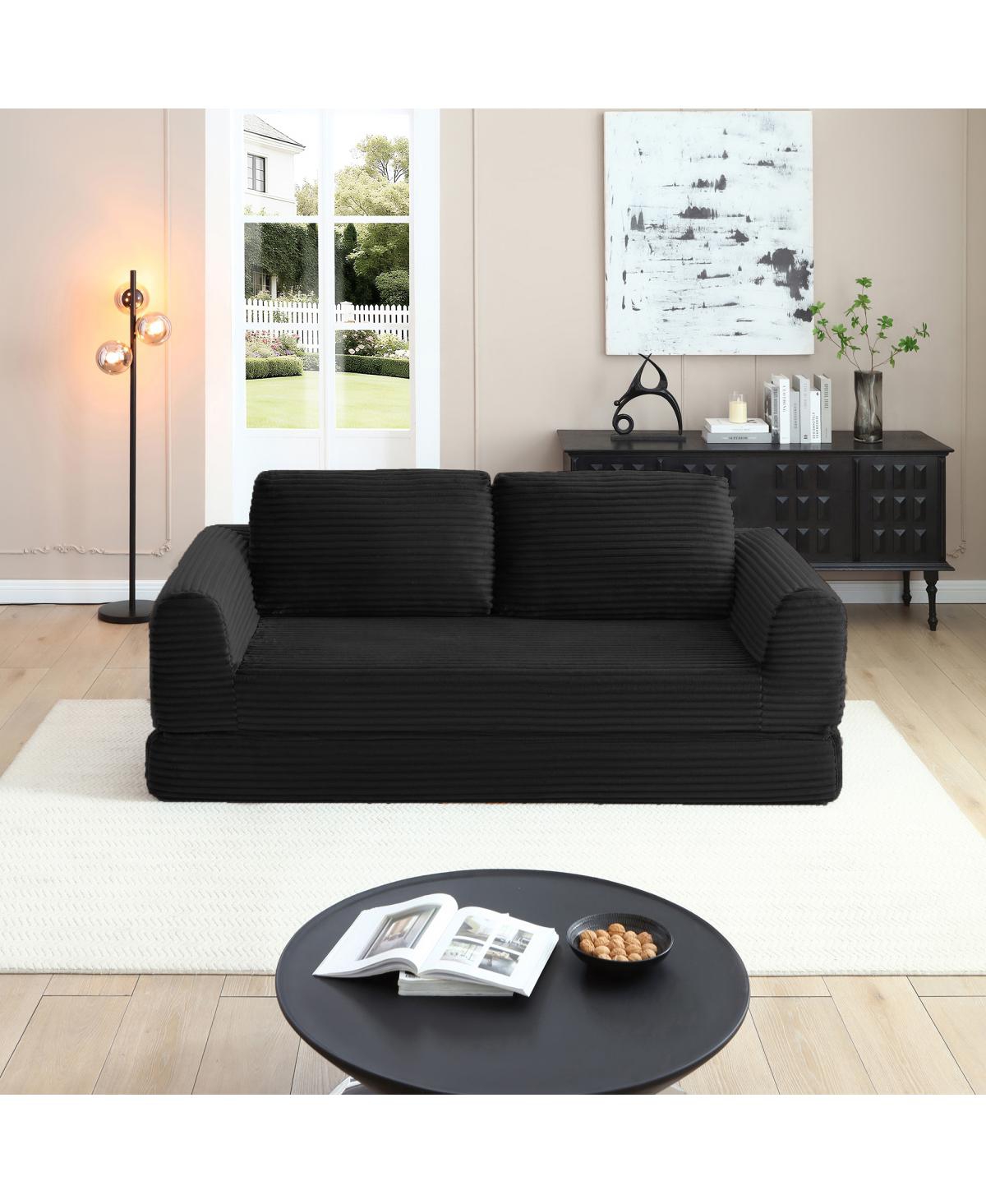 Streamdale Furniture 2-in-1 Folding Convertible Sofa Bed, Modern Corduroy Sleeper Couch with 2 Pillows, Black