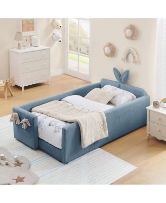 Twin Upholstered Platform Bed with Rabbit Ear Headboard & Safety Rail