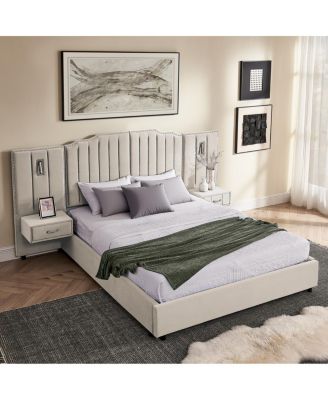 Queen Size Velvet Upholstered Bed Frame with Vertical Stripes