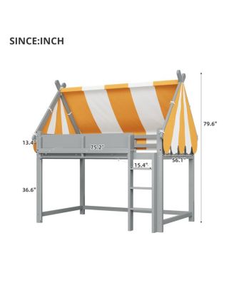 Full Size Loft Bed with Canopy, LED Lights & Book Shelf