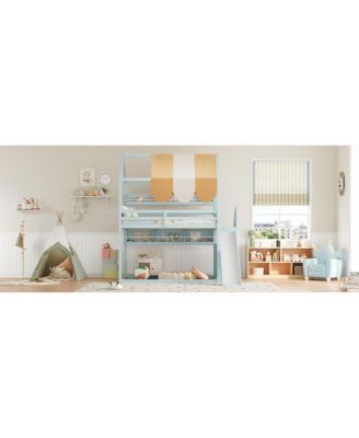 Full Size house Bed with Canopy, Slide & Built-In Bookshelves