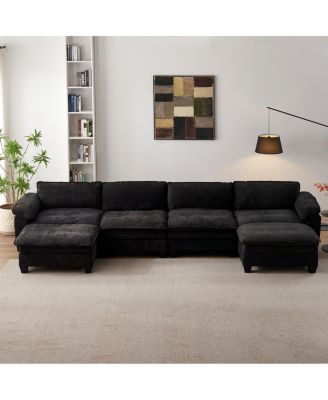  Living Room U Shape Sofa with Two Ottomans - Black Chenille