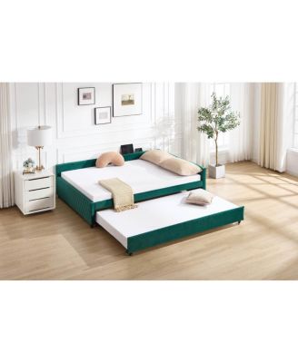  Emerald Upholstered Daybed with Trundle, Modern Diamond Grid Design
