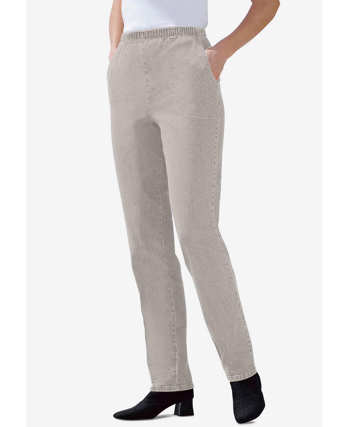 Woman Within Petite Straight Leg Fineline Pull-On Stretch Denim Jeans view 3 — MAYCSS fashion products