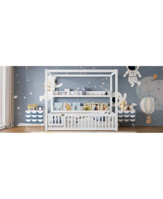Twin Size Solid Wood Canopy Floor Bed with Guardrails & Shelves - White