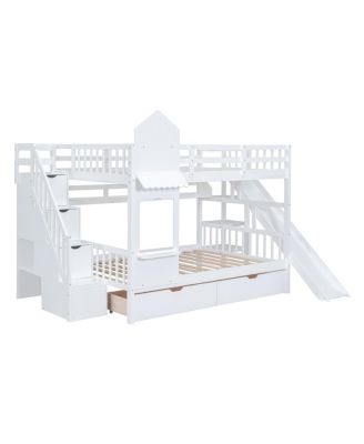 Full-Over-Full Castle Style Bunk Bed with 2 Drawers 3 Shelves and Slide