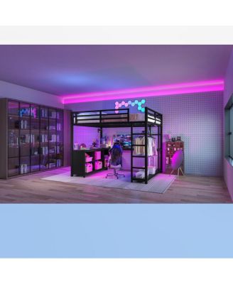 Metal Loft Bed with Wardrobe & L-shaped Desk, Queen Size