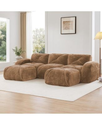 Camel U-Shaped Boneless Sofa with Tufted Design and Movable Ottomans