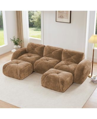 Camel U-Shaped Boneless Sofa with Tufted Design and Movable Ottomans