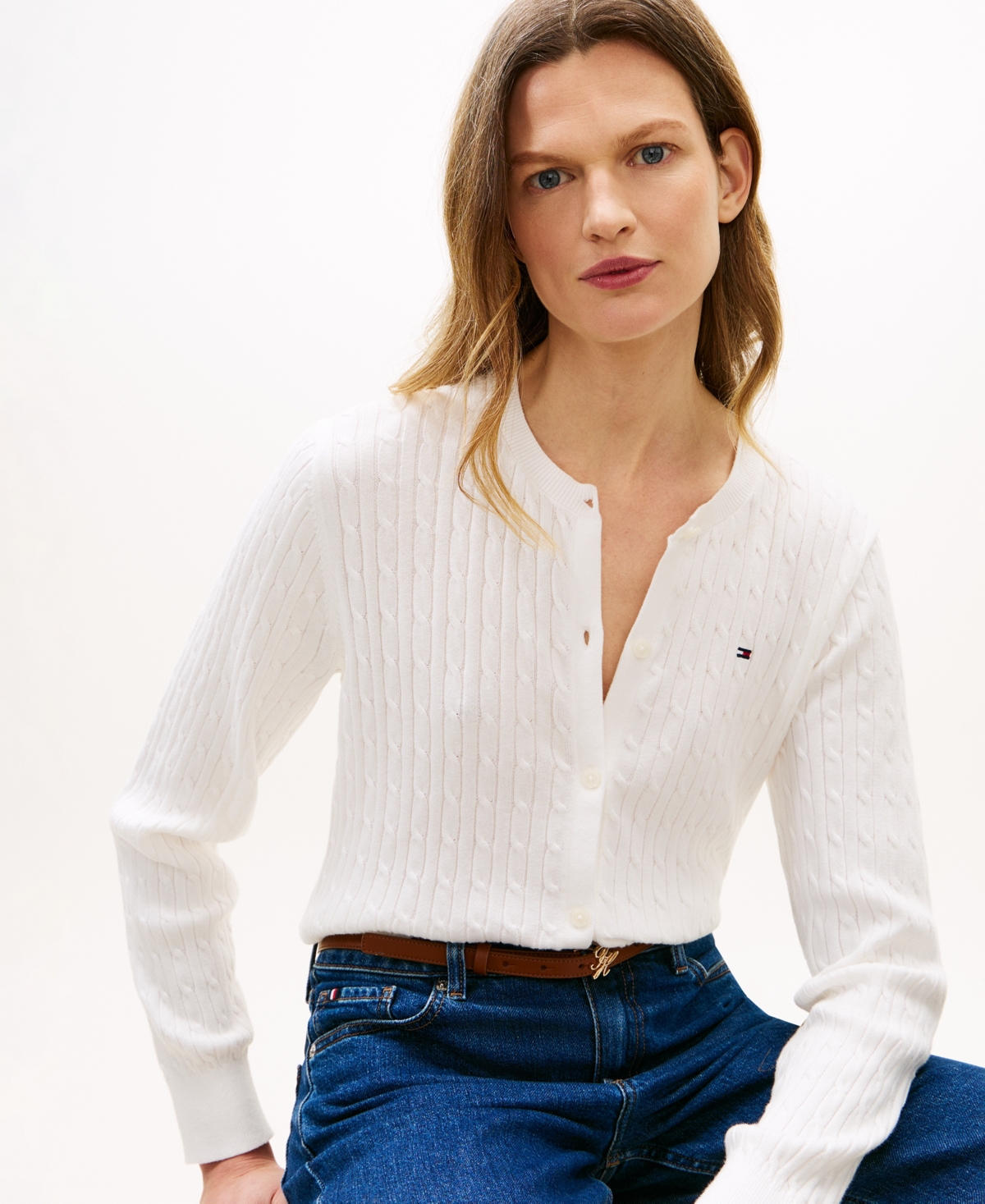 Tommy Hilfiger Women's Cable Knit Crewneck Cardigan Sweater