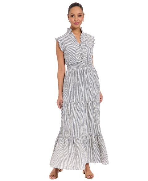 Женское платье London Times Striped Tiered Ruffle-Trim Maxi, цвет: Кремовый / Синий