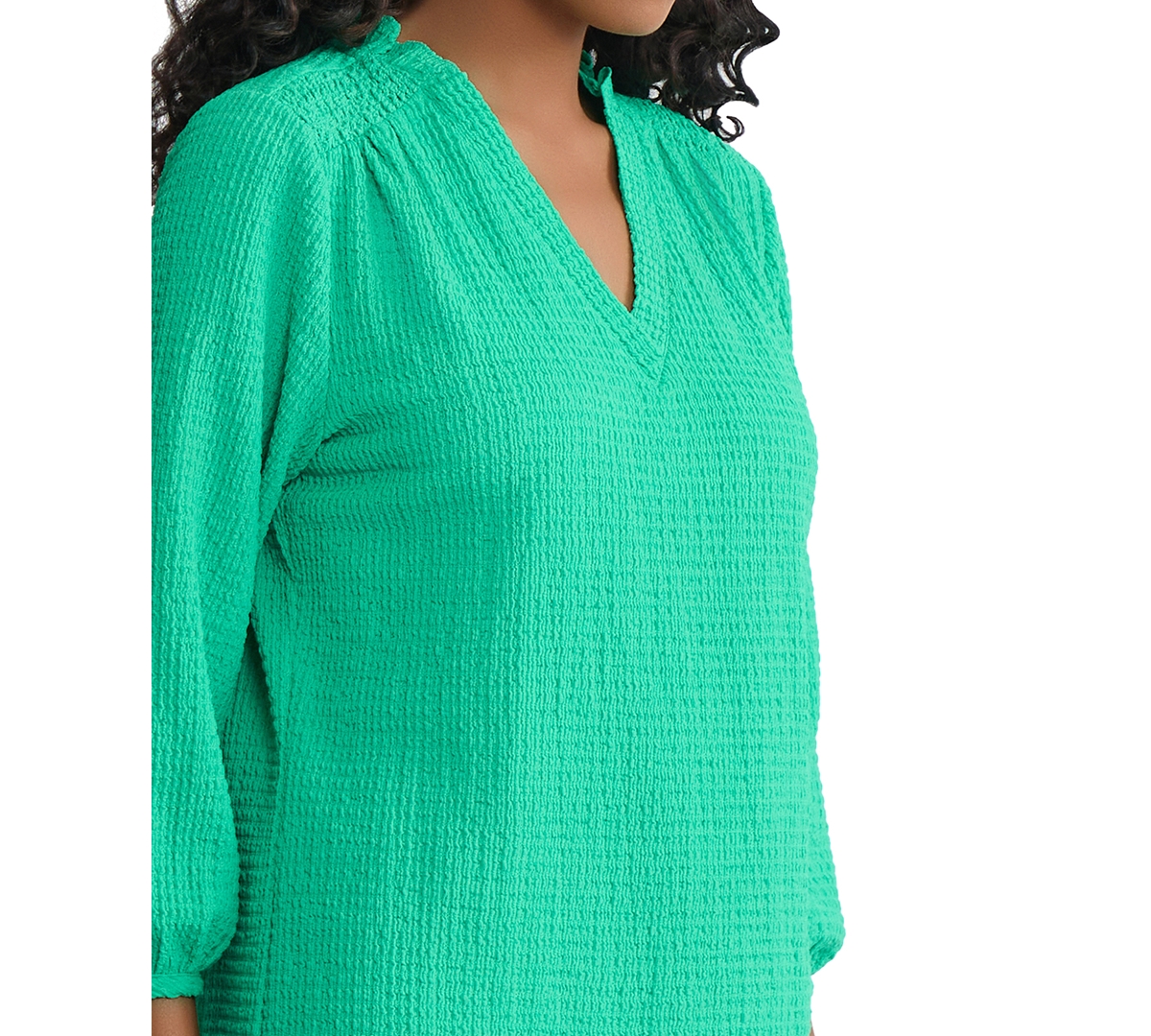 Jones New York Petite V-Neck Smocked Shoulder Top