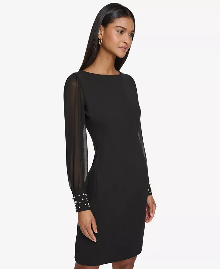 Women's Illusion-Sleeve Beaded-Cuff Dress - thumbnail 3