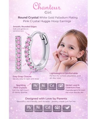 Girls /Girl/Round Crystal White Gold Palladium Plating Pink Crystal Huggie Hoop Earrings