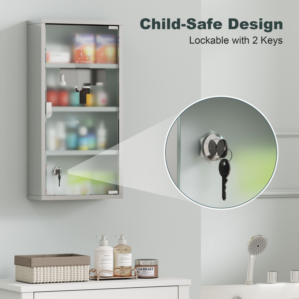 Homcom Wall Medicine Cabinet with Lock, Lockable Wall Cabinet,