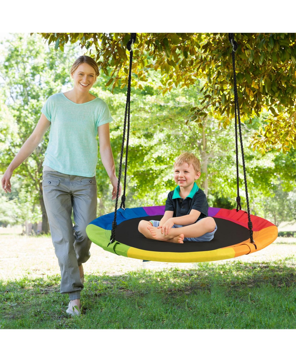 Hongge Round Tree Swing Seat for Kids with Adjustable Height Steel Frame and Durable Oxford Fabric
