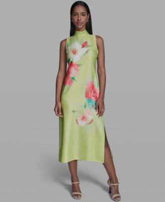 Women's Floral Printed Mock Neck Midi Dress