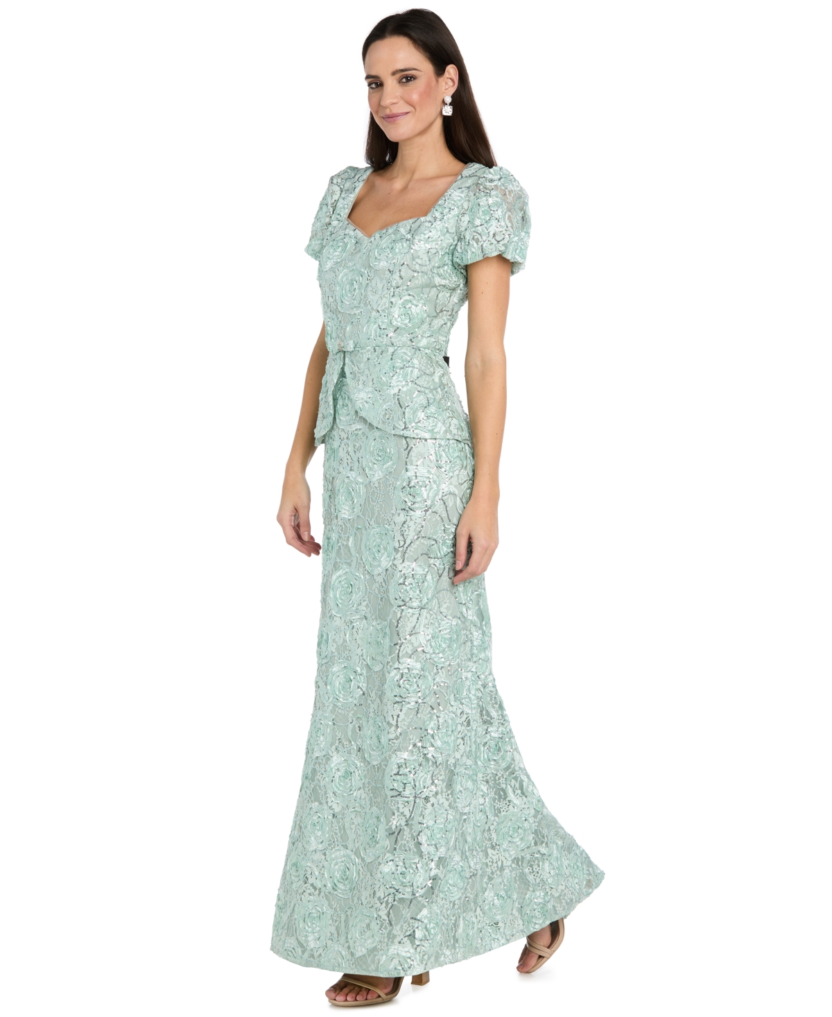 R & M Richards Women's Puff Sleeve Peplum Ball Gown