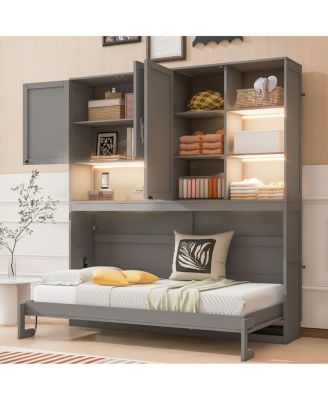 Twin Size Wall Murphy Bed with Cabinet, Shelves, Light & USB