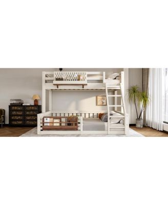 Twin XL over Queen Bunk Bed with Ladder, Guardrails, Pegboard & Bookshelf