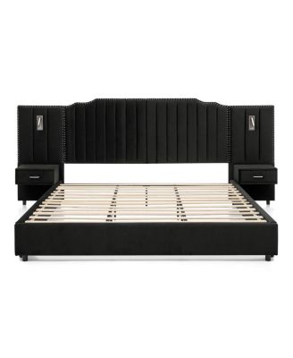 King Size Upholstered Bed Frame with Vertical Stripes & Buttons - No Box Spring Needed