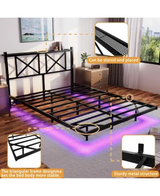 Queen Size Floating Bed Frame with Headboard & Storage, USB/LED