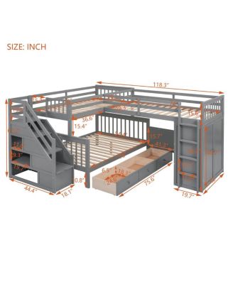 Twin over Full L-Shaped Bunk Bed with Drawers, Desk, Wardrobe
