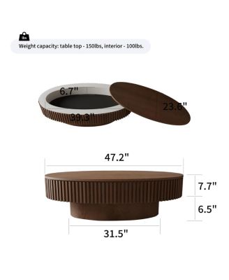 47" Oval Storage Coffee Table, Solid Wood Veneer, Walnut