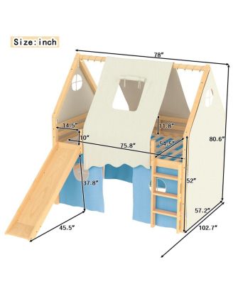 Full Size House Loft Bed with Sills, Tents, Lights, Slide