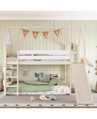 Twin Size Loft Bed with Bookshelf and Slide - Kids House-Shaped Design