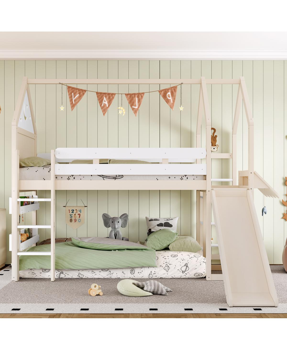 Streamdale Furniture Twin Size Loft Bed with Bookshelf and Slide - Kids House-Shaped Design