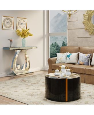 Black gold round mirror coffee table with marble pattern sticker side table