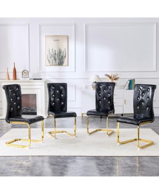 Set of 4 Retro Alligator Upholstered Dining Chairs with Crystal Buckle & Gold Legs