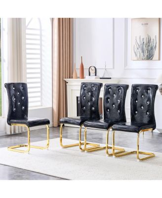 Set of 4 Retro Alligator Upholstered Dining Chairs with Crystal Buckle & Gold Legs
